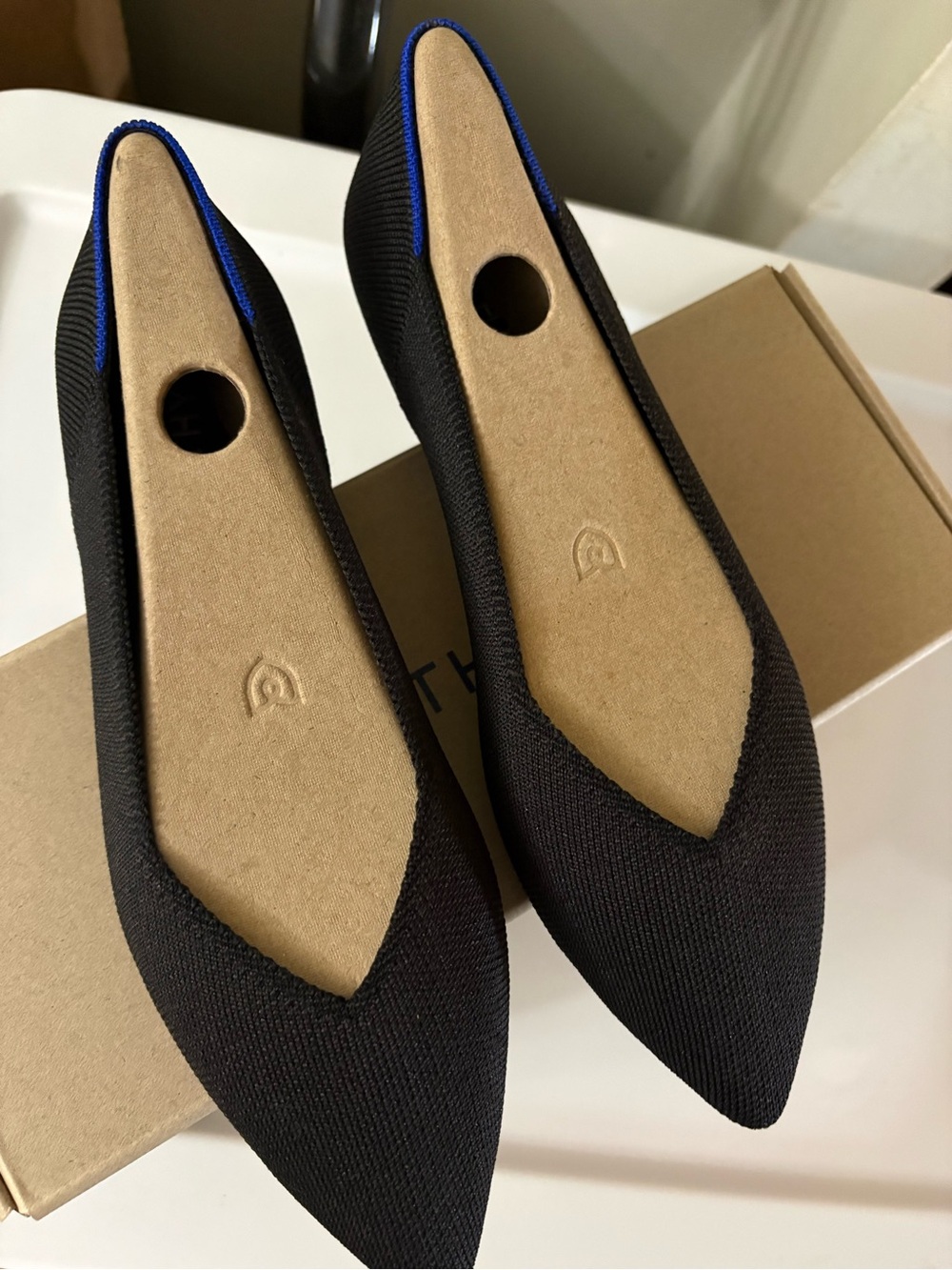 Rothy's Black Pointed Knit Flats with Blue Trim - Picture 5 of 6